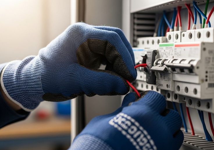Electrical service work being carried out on a power distribution panel